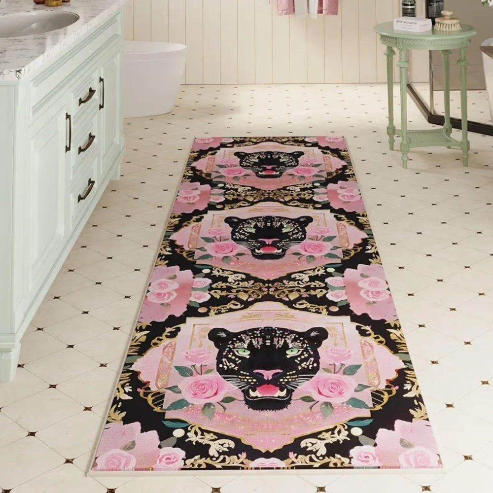 NWT 2'x6' Pink & Black Leopard Floral Runner Rug Non-Slip Machine Washable